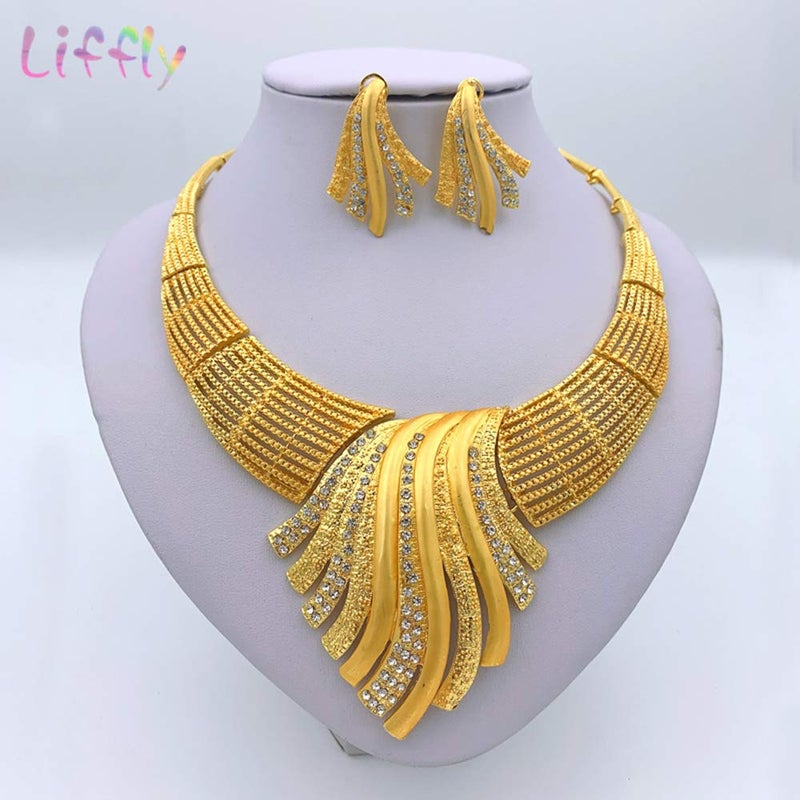 LIFFLY Pakistani Jewelry for Women Fashion Golden Costume Jewelry for Women Necklaces Gold Earrings Bracelet Ring for Brides Bridesmaid Mother on Wedding - Image 3